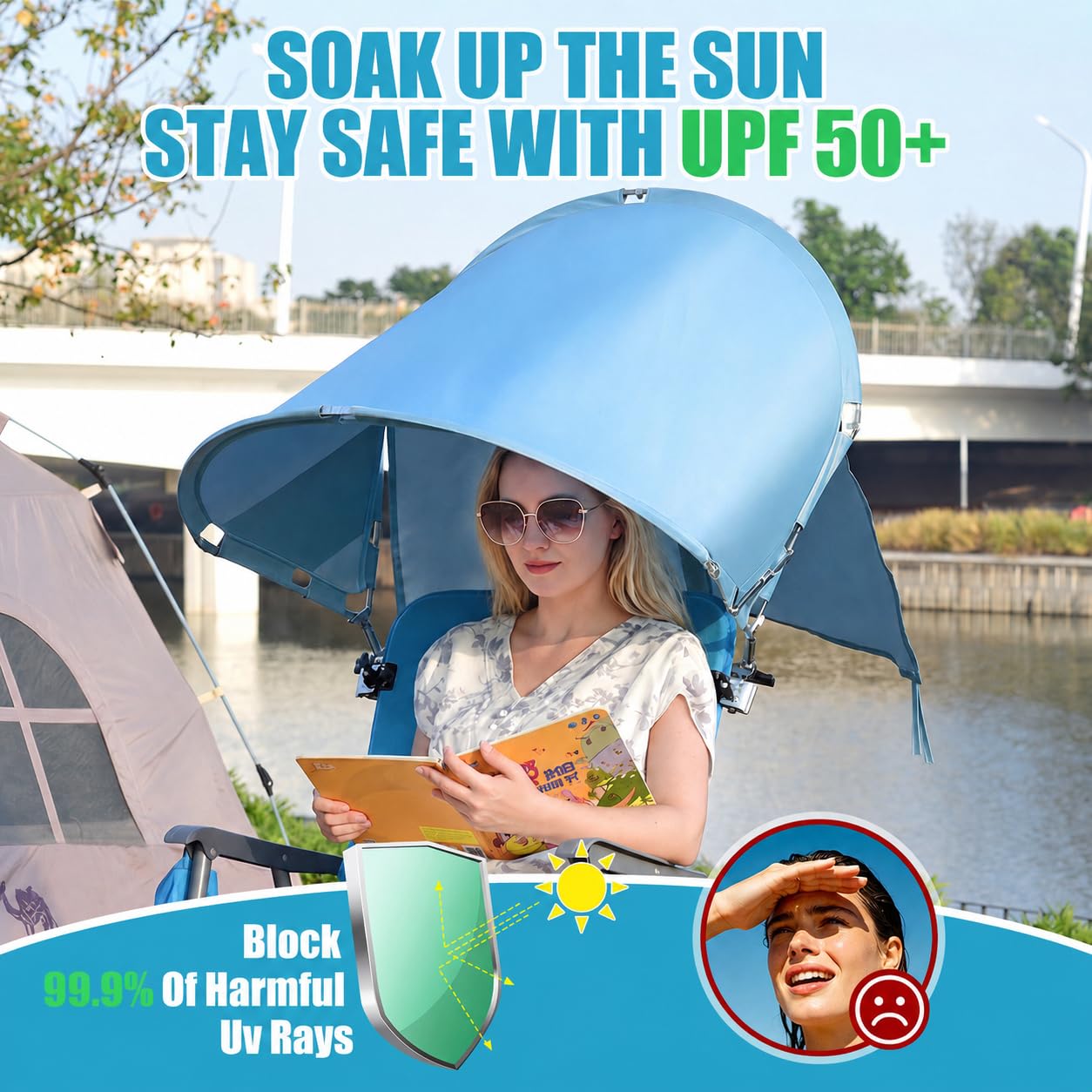 XL Universal Wind-Resistant Chair Umbrella Canopy, Extra Large Foldable UPF 50+ Sun Shade Attachment with Adjustable Clamp, Fits Most Beach, Camping, Lawn, Sports, Zero Gravity Chairs, Patented