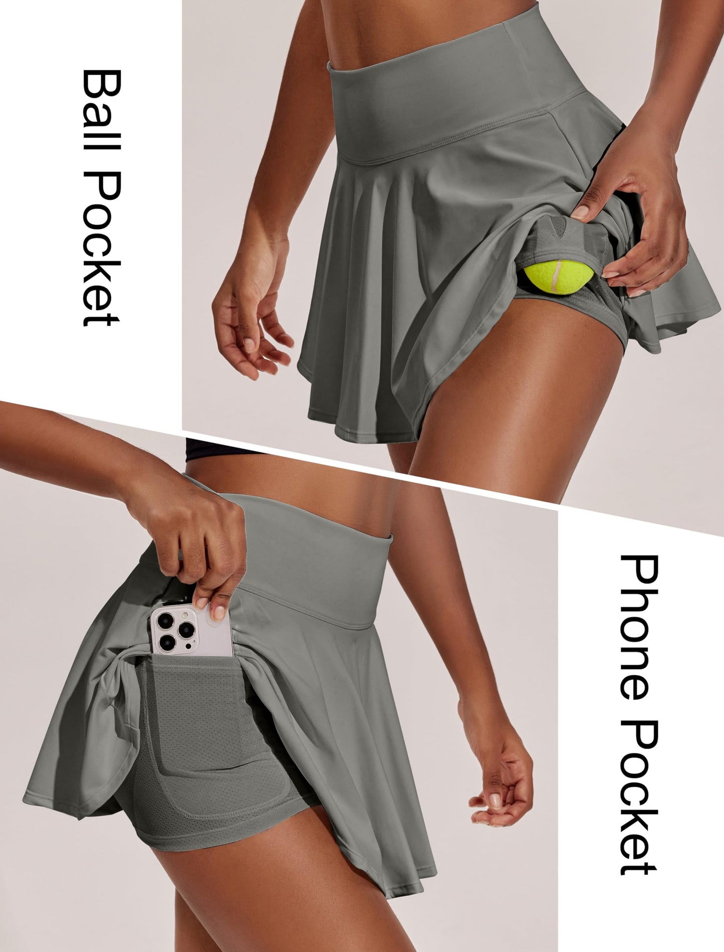 PINSPARK Tennis Skorts Skirts for Women Flowy Golf Skirts Built in Shorts Sports Exercise Skirt High Waist Grey Sage XS