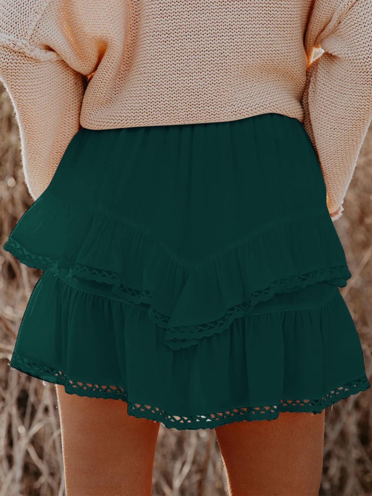Aoudery Flowy Shorts for Women Casual Boho Ruffle Tiered Skorts High Waist Mini Skirts Golf Tennis Butterfly Crochet Shorts - Dark Green M