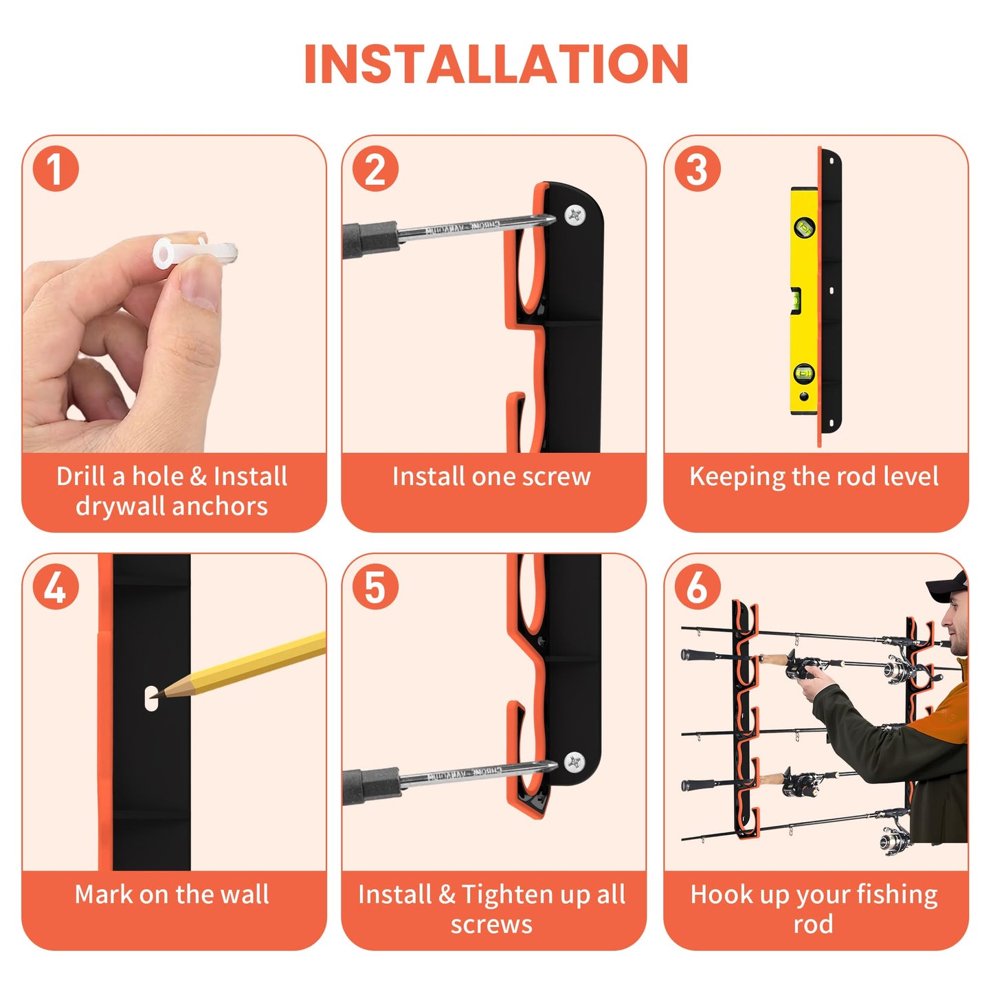 Gocozer Fishing Rod Holder for Garage, H5 Wall or Ceiling Mounted Fishing Pole Holders with Soft Protective Pad, Fishing Rod Storage Organizer, Horizontal Fishing Rod Wall Mount Nets Storage (2 PACK)