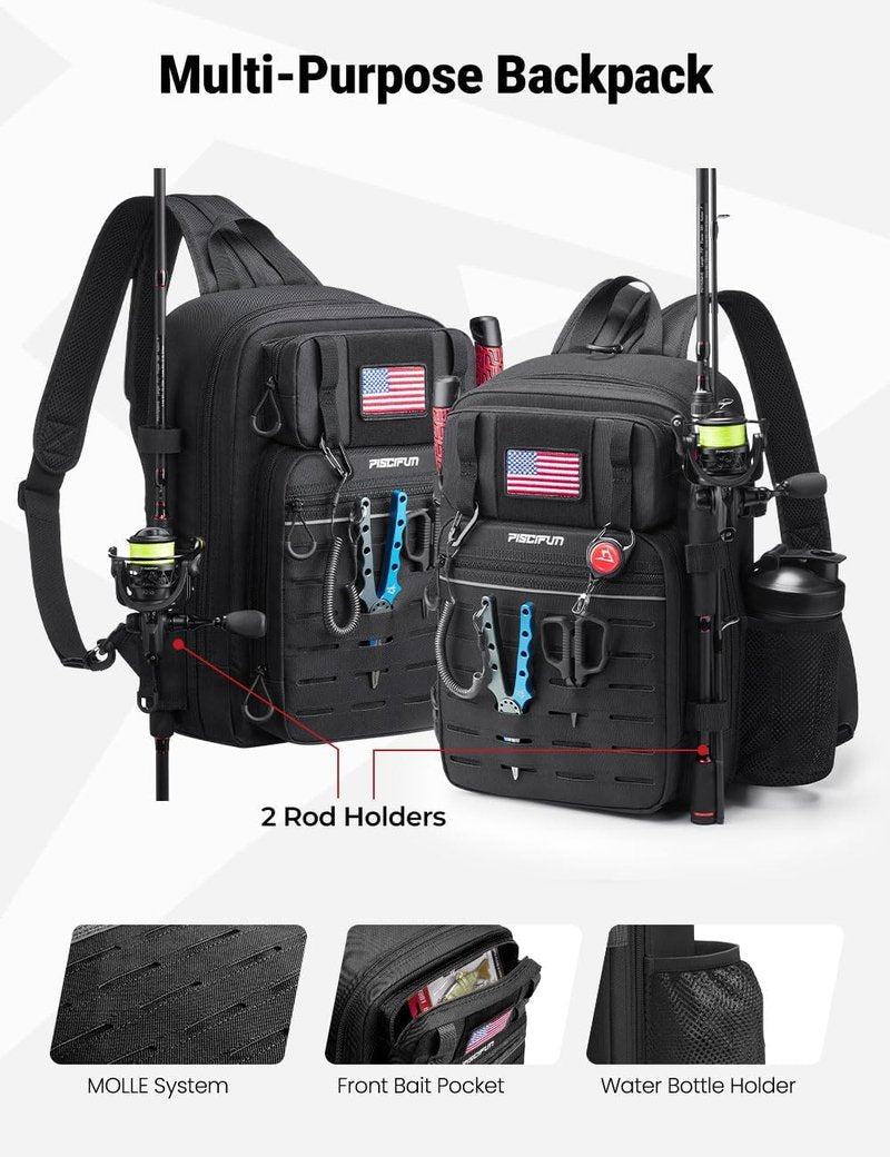 Fishing Backpack Tackle Bag - Water-Resistant Multi-Compartment Design | 2 Rod Holders, Lightweight Outdoor Pack