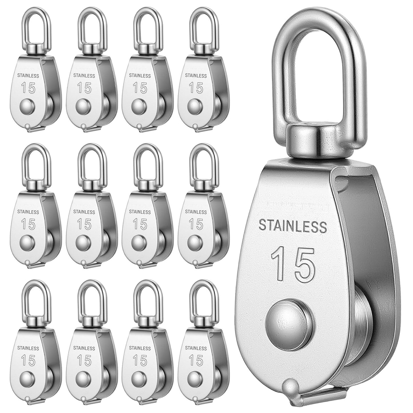 12 Pack M15 Pulleys for Rope, 304 Stainless Steel Wire Rope Cable Pulley, Heavy Duty Swivel Pulley Wheel Hanging Wire Towing Wheel for Lifting