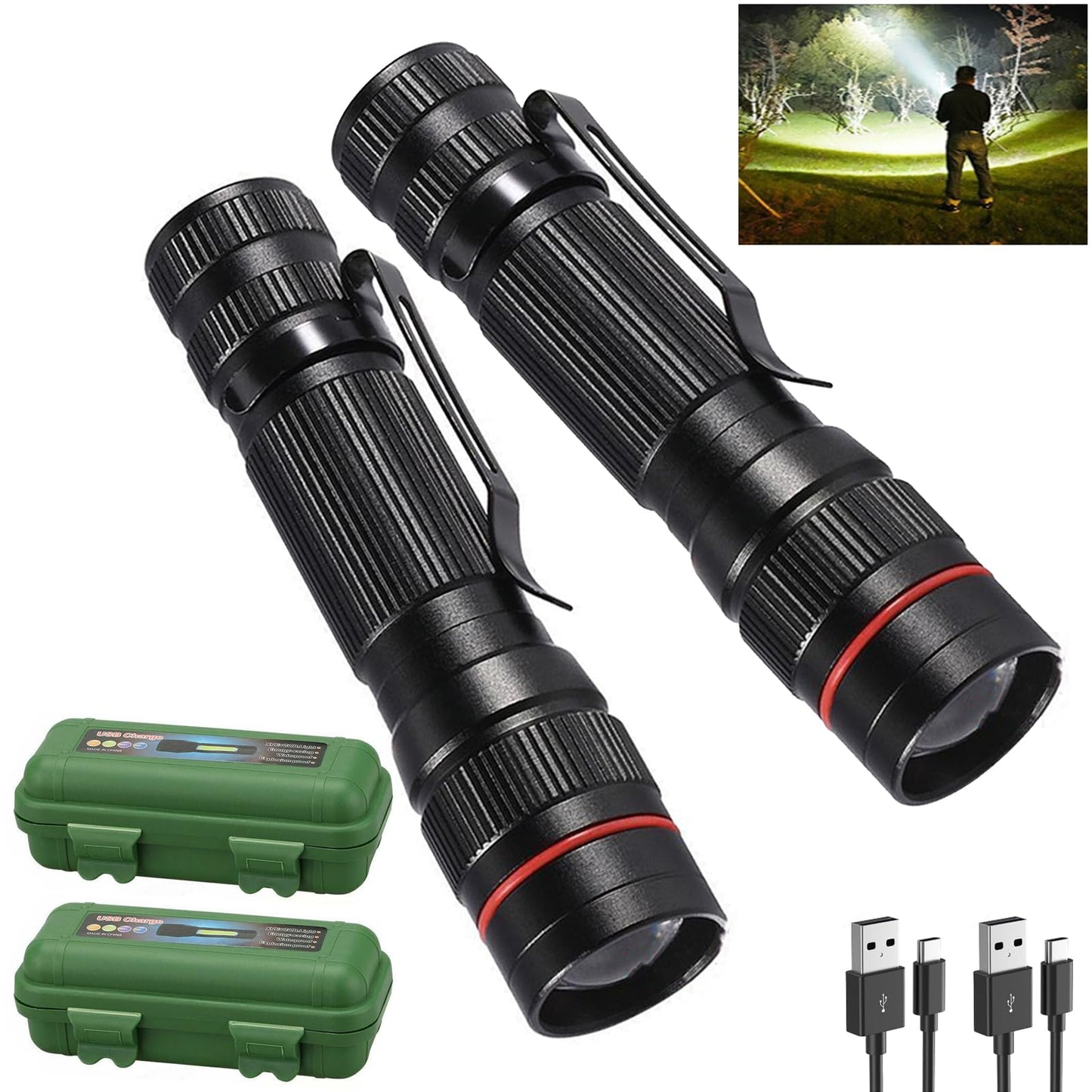 Wrrozz 2 Pack Small Mini LED Rechargeable Flashlight, Zoomable with Clip