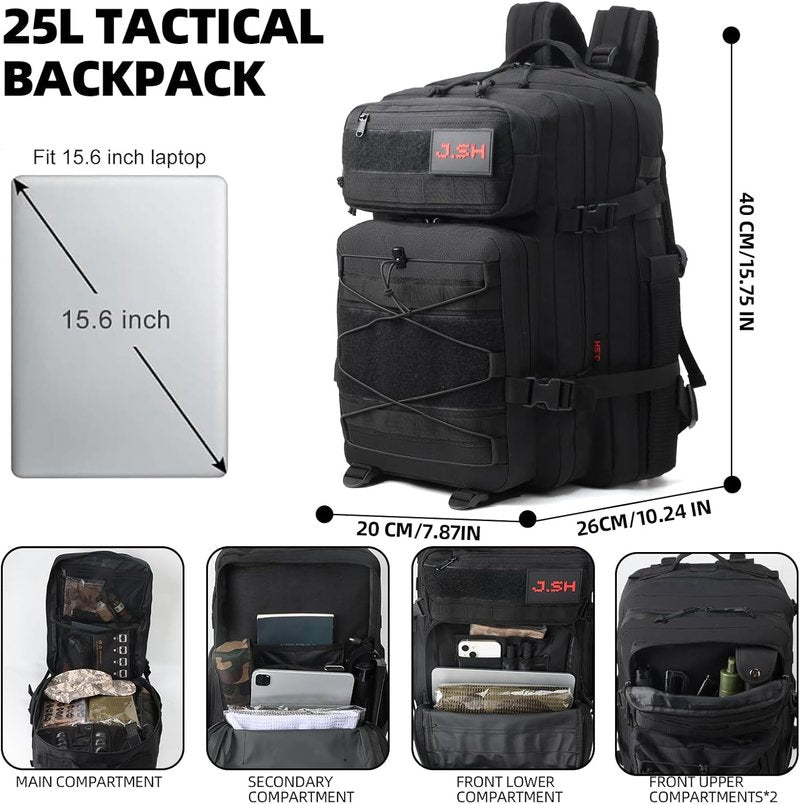 Military Tactical Backpack - 25L EDC MOLLE Rucking Pack | 900D Oxford Nylon, Portable Gear for Hiking & Survival - Black