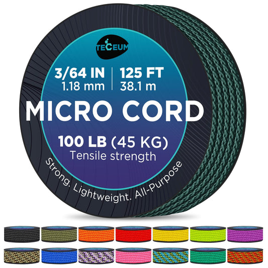 TECEUM Micro Paracord – Dark Emerald Green – 1.18 mm x 125 ft – Micro Utility Cord – Thin Braided Paracord Rope Nylon Polyester – Wind Chime Replacement – Survival Strong String 022c