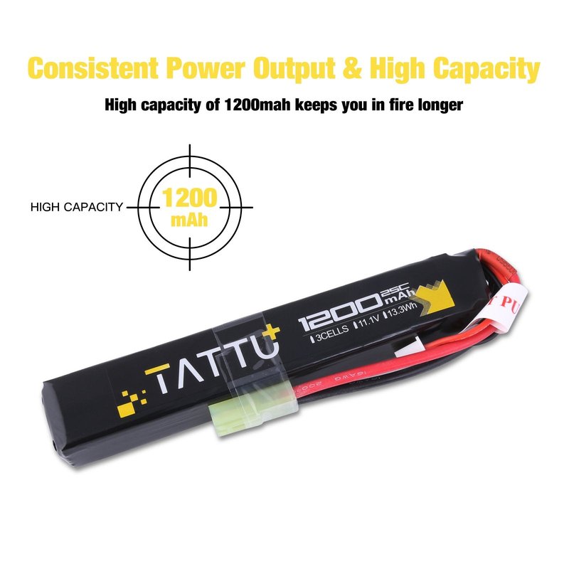 TATTU 11.1V LiPo Airsoft Stick Battery,3S 1200mAh 25C Battery Pack for Airsoft Gun with Mini TMY Connector