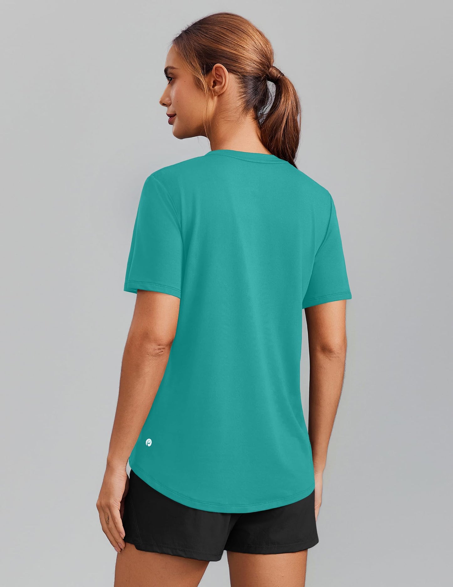 PINSPARK Moisture Wicking Shirts for Women Short Sleeve V Neck Quick Dry Workout Tops Athletic Gym Running T-Shirts Cooling,Teal Medium