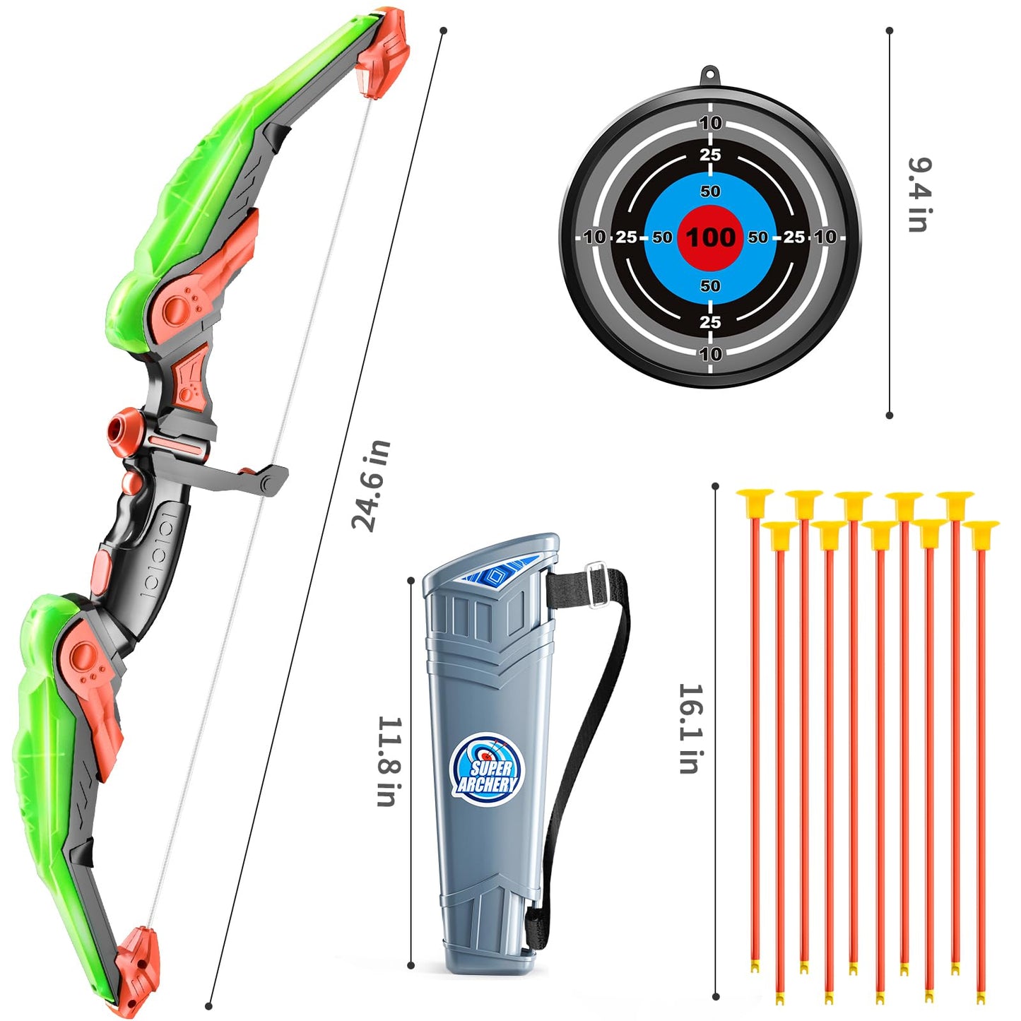 Bow and Arrow Set for Kids - LED Light Up Archery Toy Set - Includes 10 Suction Cup Arrows, Target & Quiver, Indoor & Outdoor Kids Archery Boys Toys