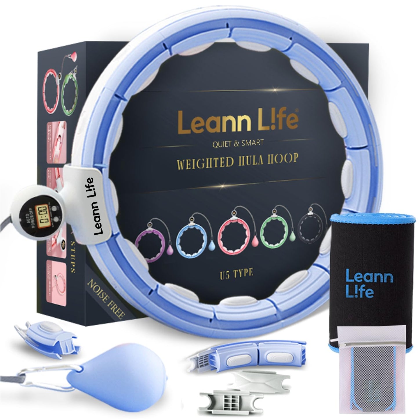 Leann L!fe U5-16 Knots 28”- 46”Counter, Waist Trimmer & Wash Bag, Upgraded Quiet Smart Weighted Hula Hoop for Adults Weight Loss, Infinity Hoop Plus Size, Fitness Exercise, Abdominal Toner, Blue