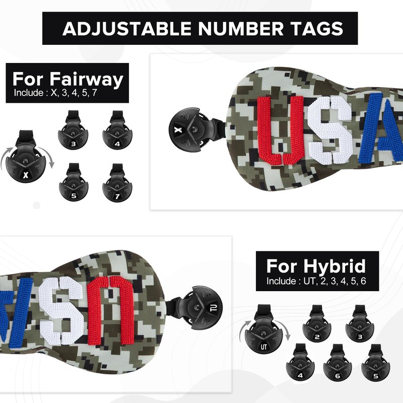 Golf Club Head Covers, Camouflage USA Design Golf Driver Covers, Fairway Wood and Hybrid Head Covers with Interchangeable Tags, Durable Canvas Material Golf Club Covers (Hybrid)