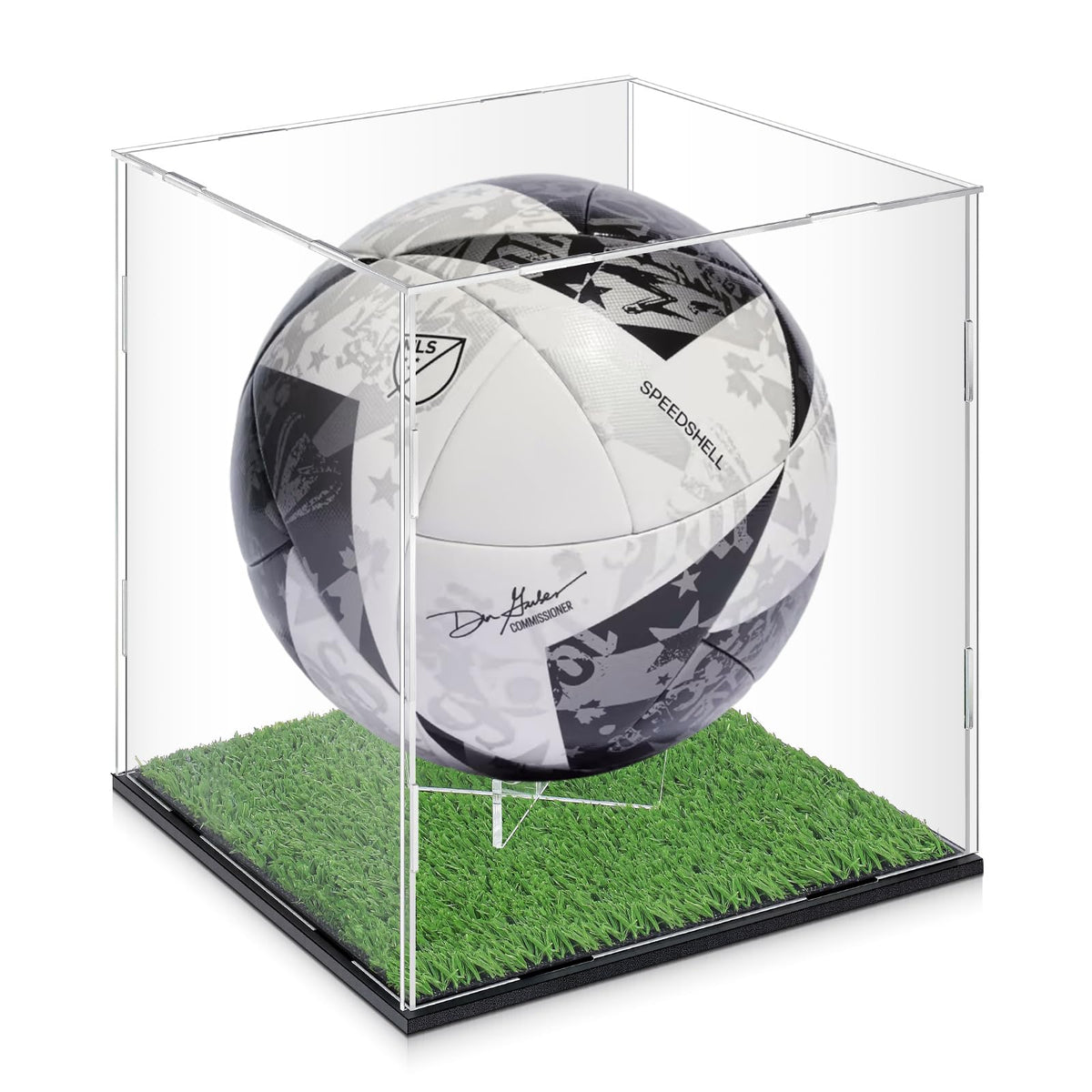 Novabright Soccer Ball Display Case Transparent Acrylic Full Size Soccer Ball Display Holder with Grass Turf Self Assembly Acrylic Case Protection Dustproof Showcase