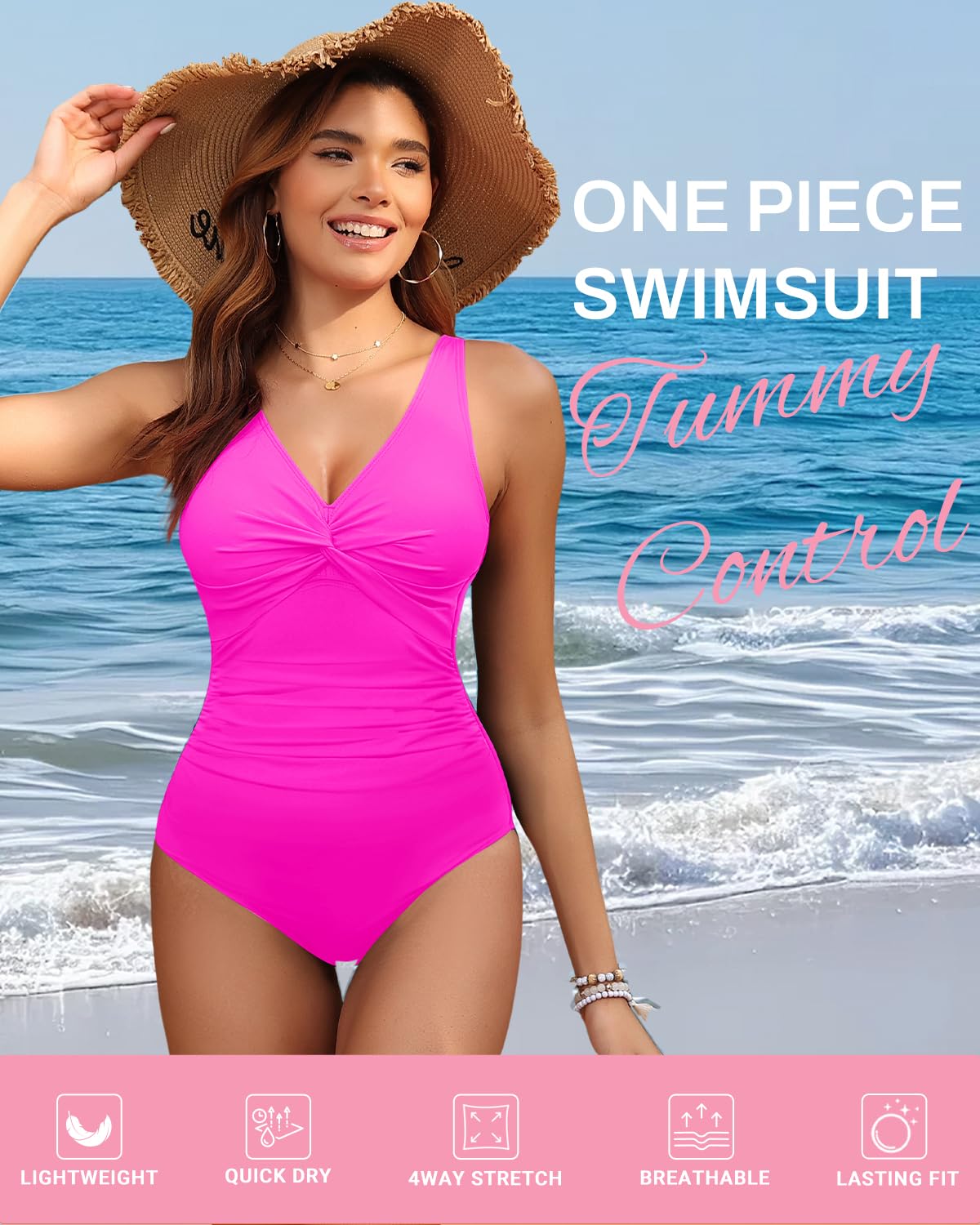 Holipick Hot Pink Women Tummy Control One Piece Swimsuit - Push Up Bathing Suit Full Coverage Slimming Swimwear M