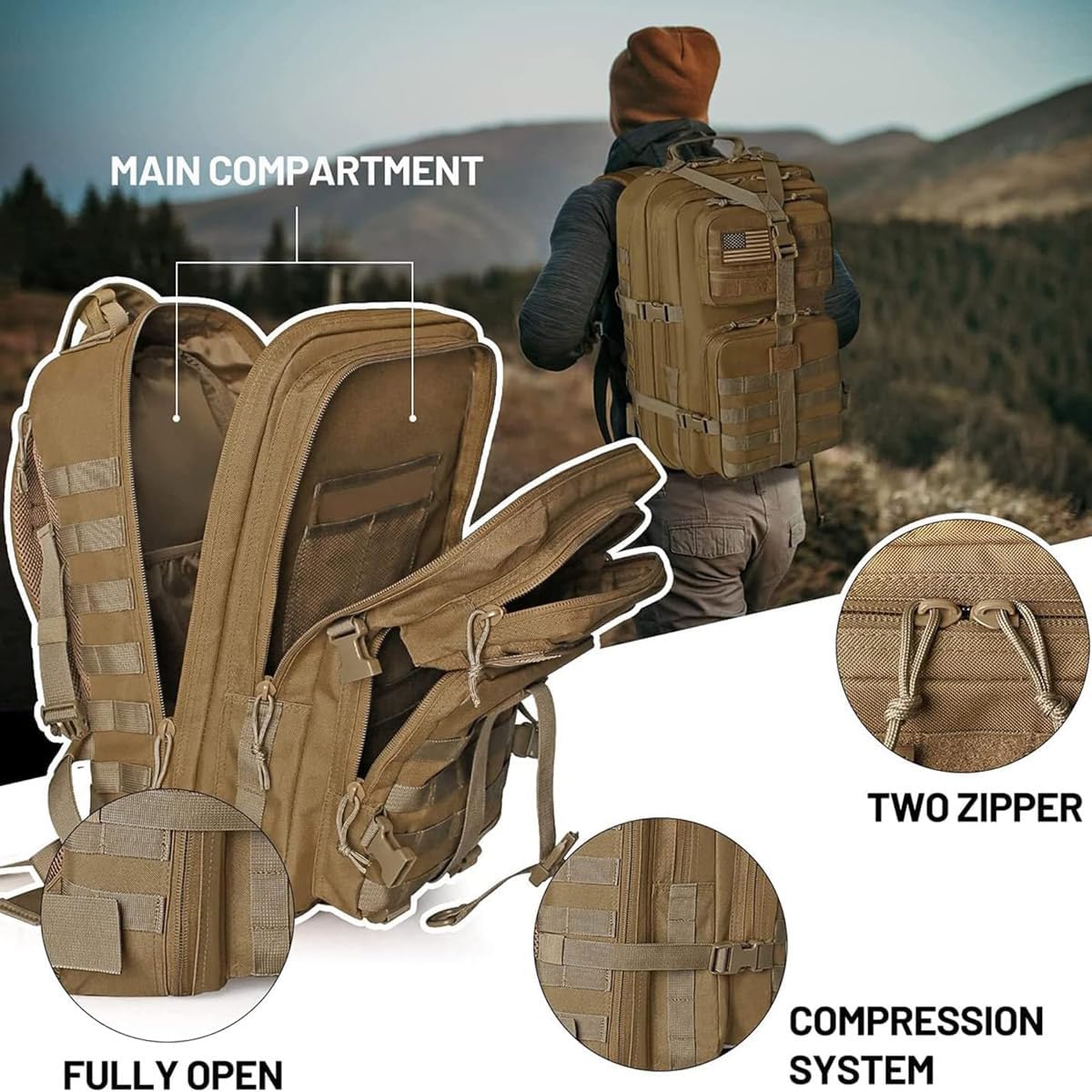 REEBOW GEAR Tactical Backpack - Military Style Assault Pack for Men | 40L Tan Hiking Daypack