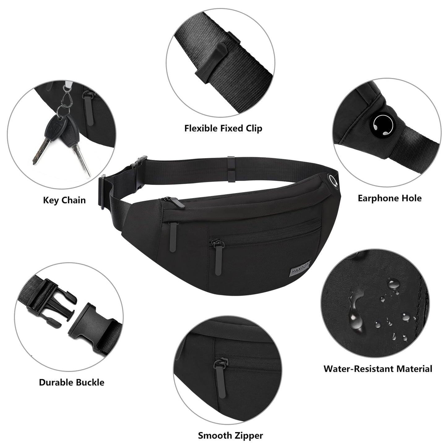 MAXTOP Large Crossbody Fanny Pack Belt Bag for Women Men with 4-Zipper Pockets Gifts for Enjoy Sports Yoga Running Hiking Workout Walking Casual Travel Wallets Fashion Waist Pack Phone Bag (Black)