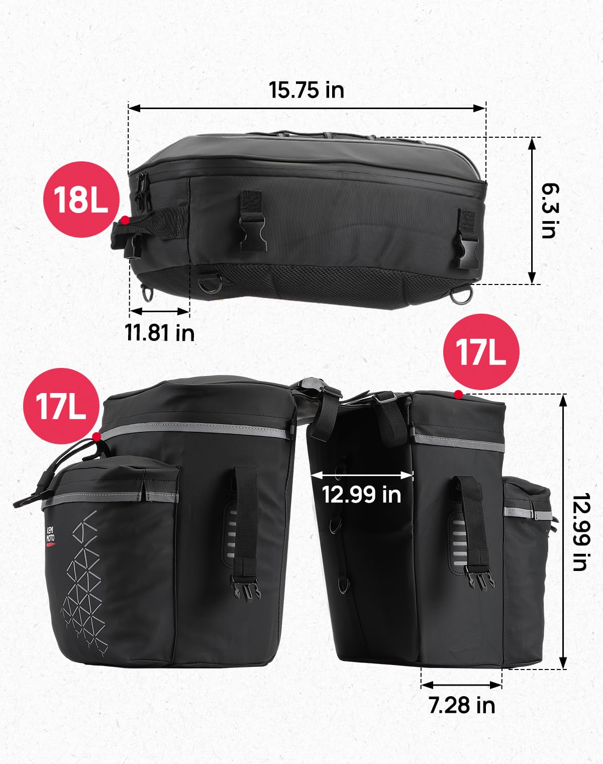 KEMIMOTO Bicycle Panniers Combo 3-in-1, Bike Saddle Grocery Bag with Waterproof Rain Cover, 52L Large Capacity Storage Cargo Cycling Backpack, Mountain Road E-bike Trunk Bag, Black
