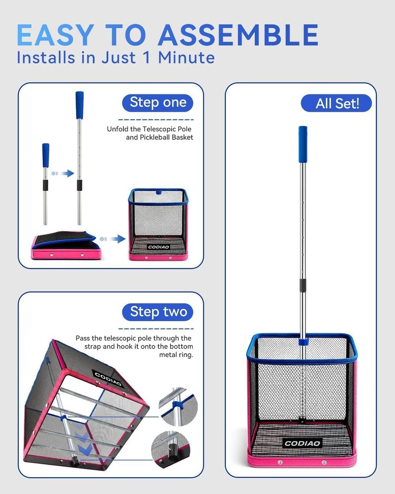CODIAO Pickleball Picker Upper 40+ Ball Capacity Hopper Holder, Foldable Basket with Telescopic Stainless Steel Handle, Quick Pickup No Bending Ball Retriever Collector, Portable for Court Training