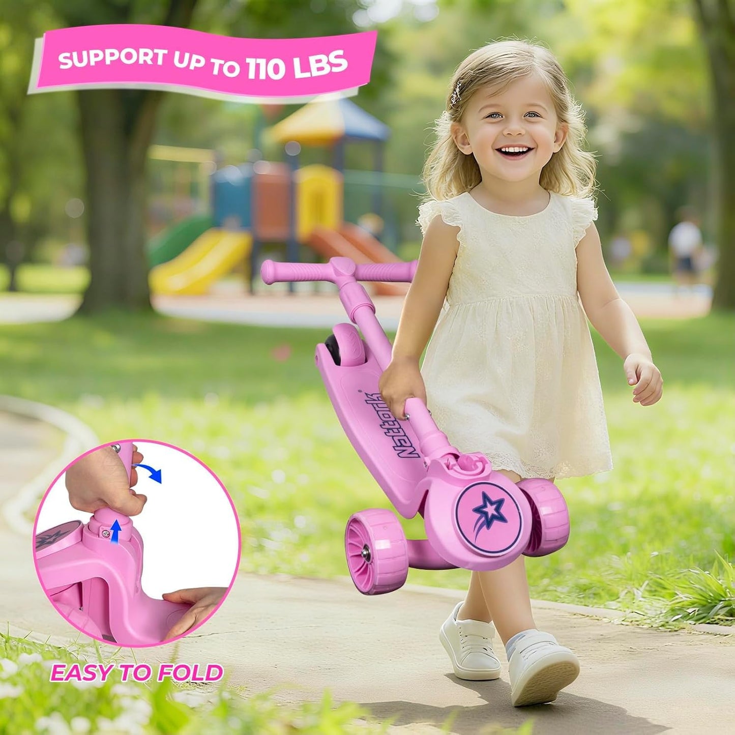 Nattork Kids Scooter for Girls Boys with Light Up Wheels, 3 Adjustable Height Handlebars, Lean-to-Steer Technology, Widen Anti-Slip Deck, 3 Wheel Scooter for kid ages 3-8, Support Riders Up to 110 LBS