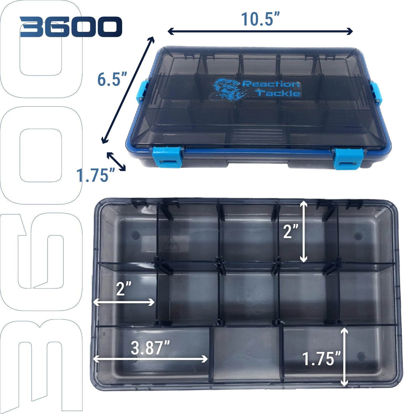 Reaction Tackle Standard Tackle Trays, Plastic Tackle Box Organizers with Four Secure Latches, Removable Dividers and Semi Transparent Lid for Fishing Storage - 3600 (4-Pack)