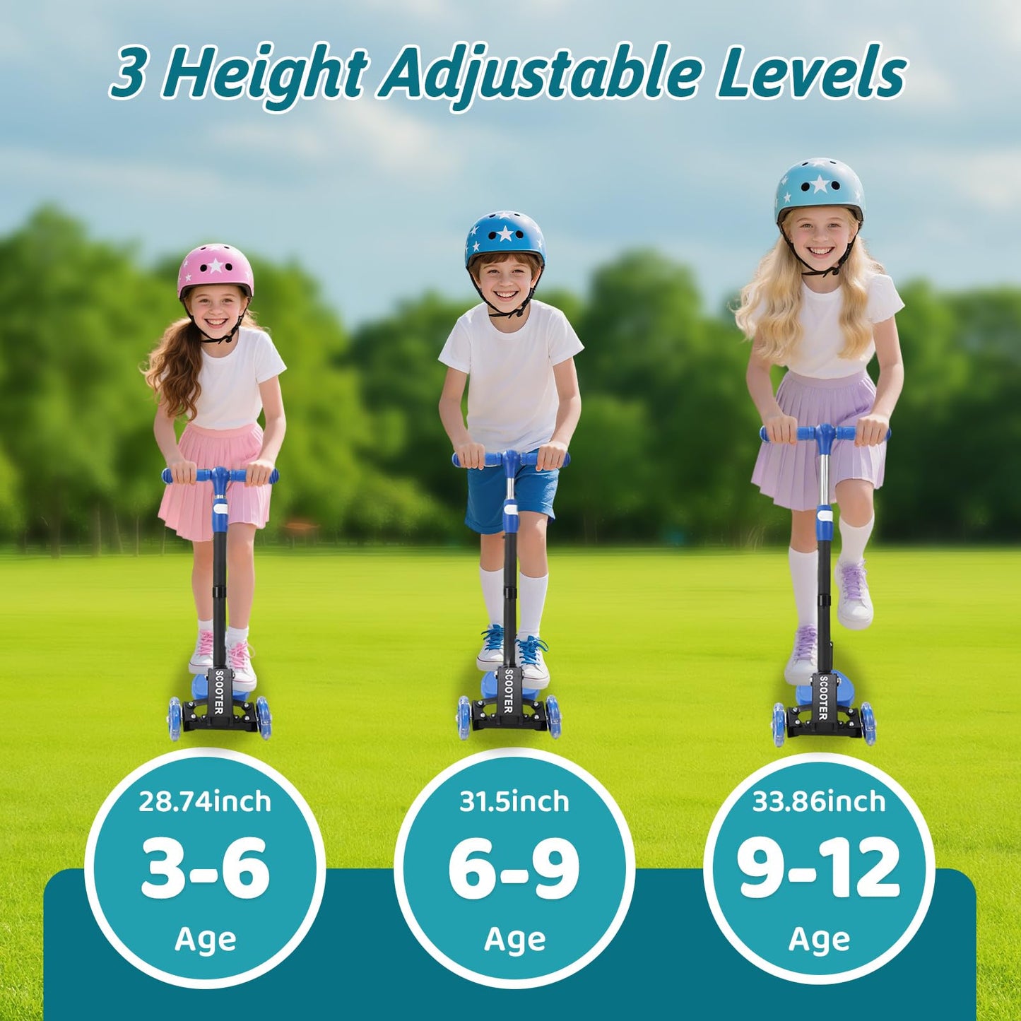 3 Wheel Scooter for Kids Ages 3-12, Lean-to-Steer Kids Kick Scooter with LED Light-Up Wheels, 3 Adjustable Heights, Foldable Design, 6" Extra Wide Deck for Boys and Girls Toy Gift -Blue