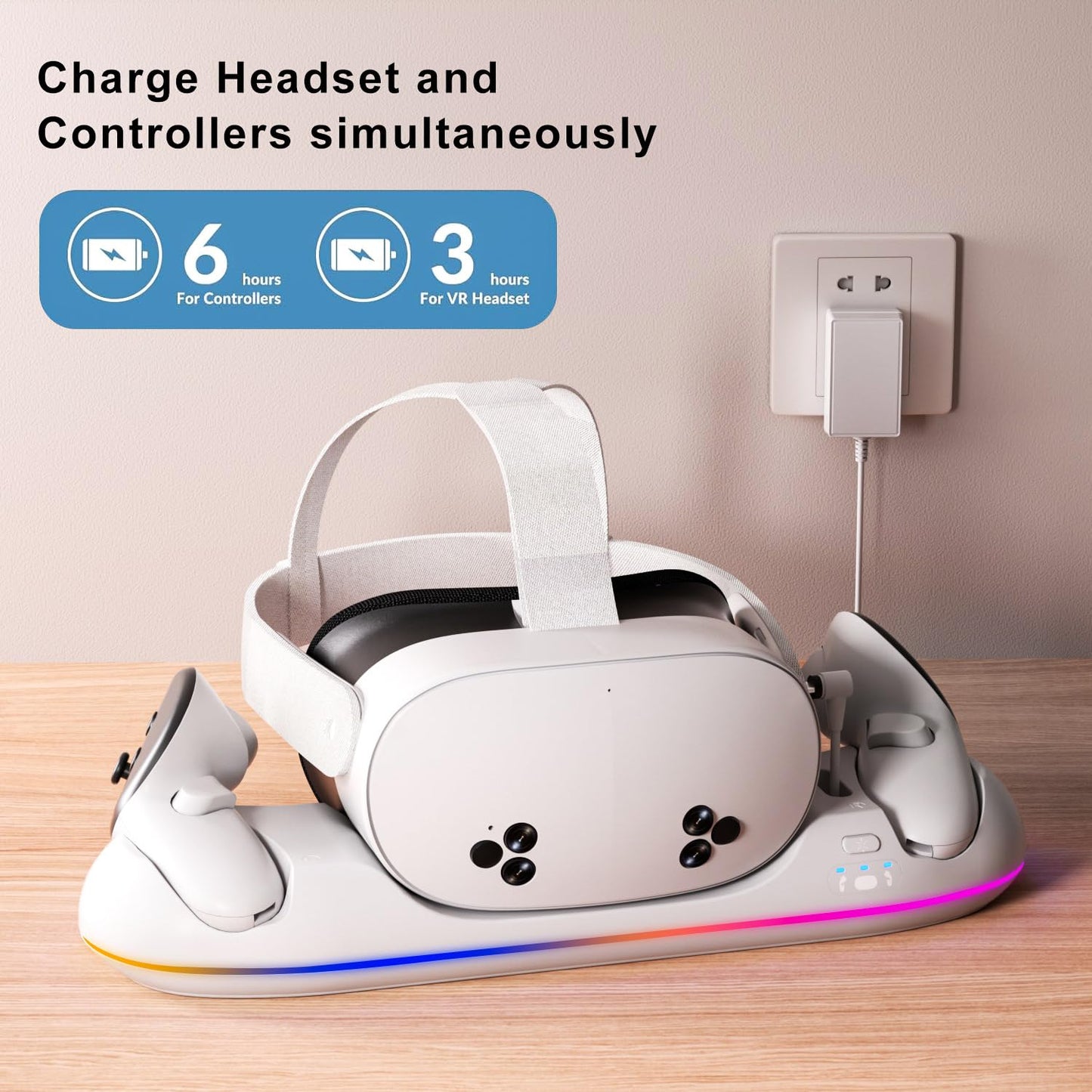 GearSpire Charging Dock Station for Quest 2/3/3S, White RGB LED Stand with USB-C Fast Charging, Controller Charger, VR Headset Accessories