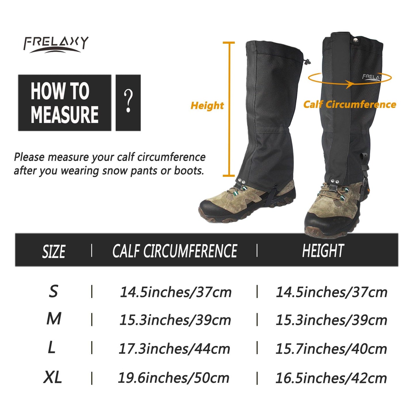 Frelaxy Leg Gaiters Ultra HIGH-Performance Hunting Gaiters, 100% Waterproof Hiking Gaiters with Upgraded Rubber Foot Strap, Adjustable Snow Boot Gaiters (Jet Black,S), Small