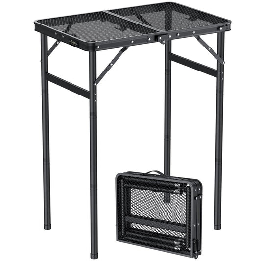 Anbte 2ft Folding Grill Table Max 29.5", 3 Adjustable Height Lightweight Camping Table with Heat-Resistant Mesh Tabletop Portable Handle, Waterproof, for Cooking BBQ Outdoor, 22.8" X 16", Black