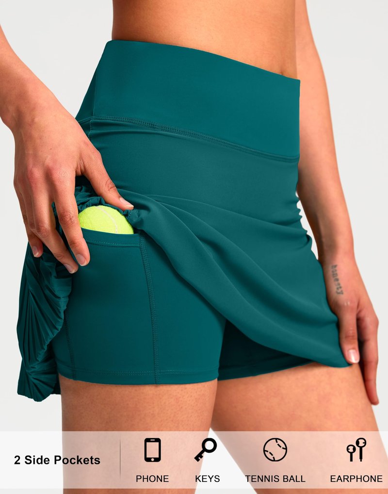 SANTINY 14" Tennis Skirt Skorts for Woman Pleated High Waited Skirts with Built-in Shorts Athletic Golf Skort (Dark Teal_M)