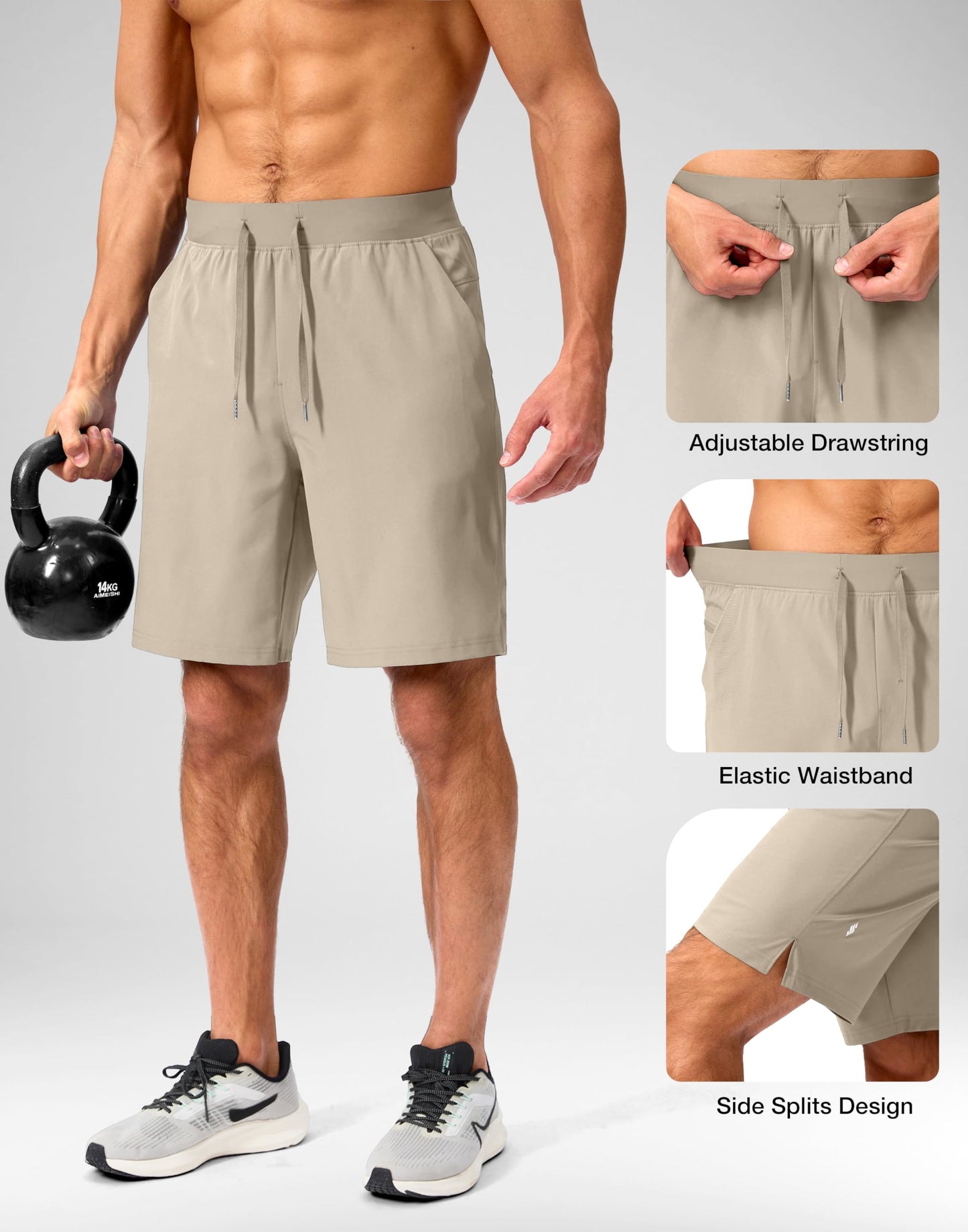 Soothfeel Men's Running Shorts with Zipper Pockets 9 Inch Lightweight Quick Dry Gym Sports Athletic Workout Basketball Shorts for Men (Khaki, L)