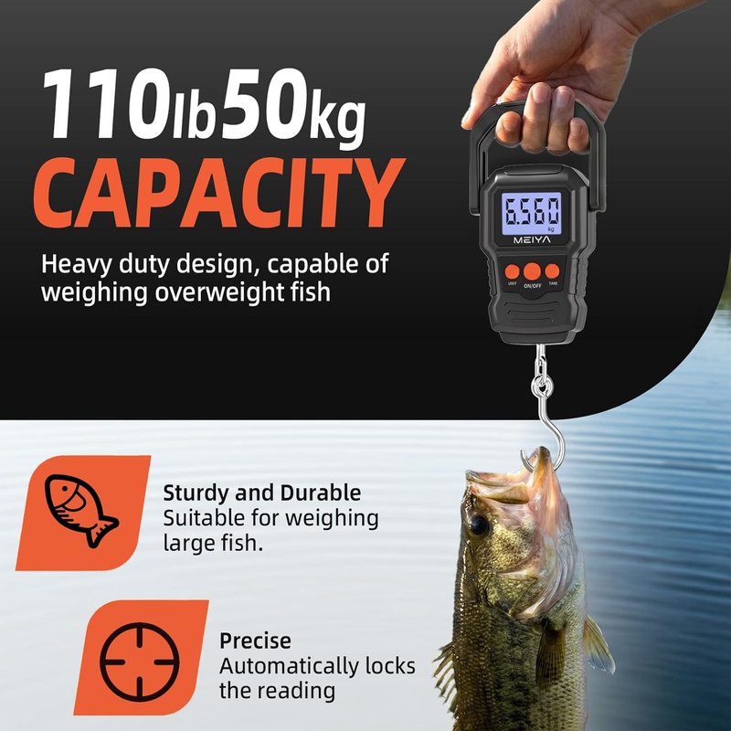 Digital Fish Scale - Accurate LCD Display Up to 110lb/50kg | Essential Fishing Gear with Hook & Batteries