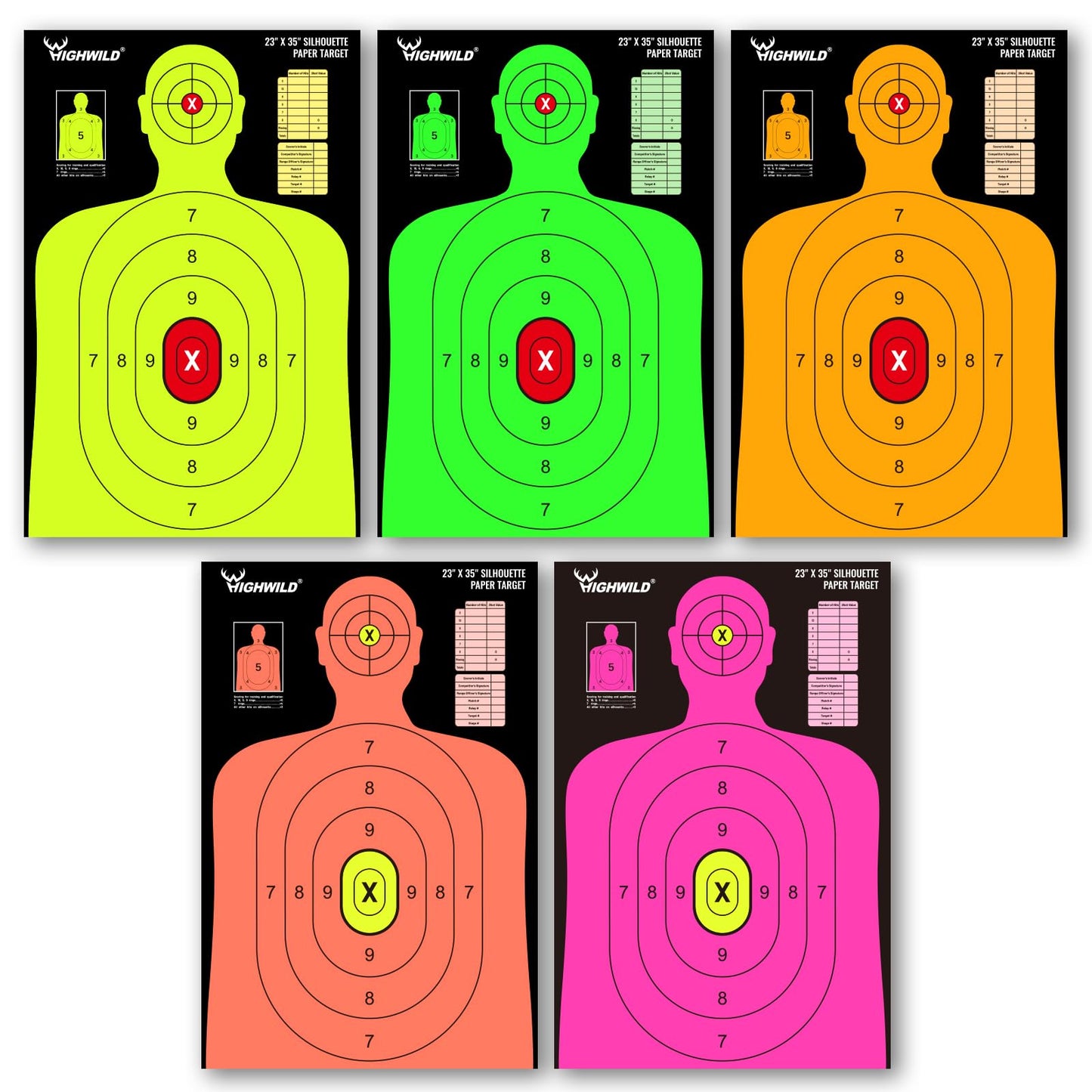 Highwild 23X35 Inch Shooting Range Silhouette Paper Target - 5 Fluorescent Colors - Suitable for Handguns, Rifles, Airguns, BB Guns (5 Pack - Multi Color)