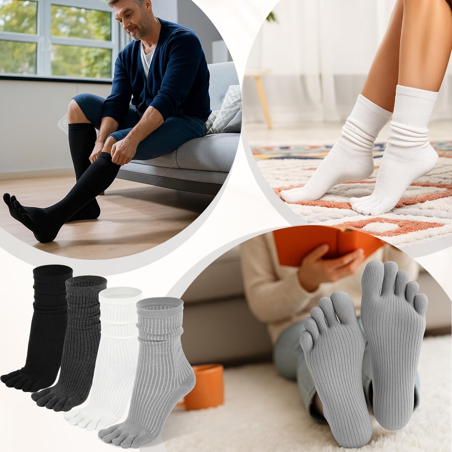 Janmercy 4 Pairs Five Toe Sock Women, Finger Cotton Crew Split Stretchy Slouch Sock, Toe Separator, Knee High Stacked Socks (Black,White,Gray,Dark Gray)