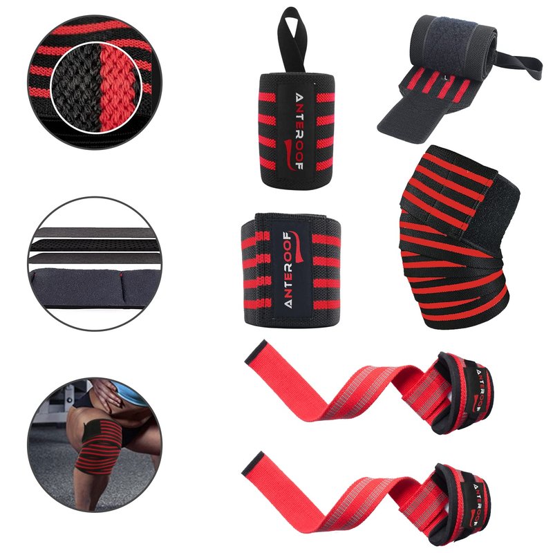 Knee Wraps + Wrist Wraps + Weight Lifting Straps Bundle (3 Pairs) for Weightlifting Bodybuilding Strength Training Workout Gym, Fitness Protective Set for Men & Women(Red)