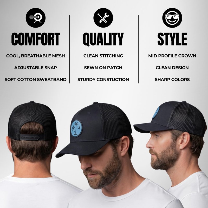 LINDO Trucker Hat - Palm Tree 2.0 (Black w/Blue Patch)