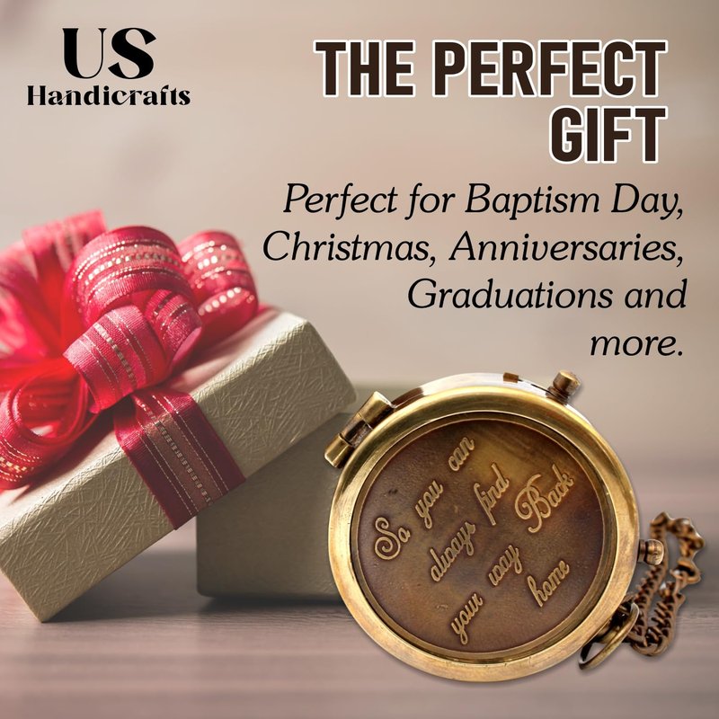 US HANDICRAFTS So You Can Always Find Your Way Back Home Engraved Brass Compass with Wooden Box | Inspirational Gift for Graduation, Birthday, Anniversary, Baptism, Valentine’s Day, Outdoor Adventures