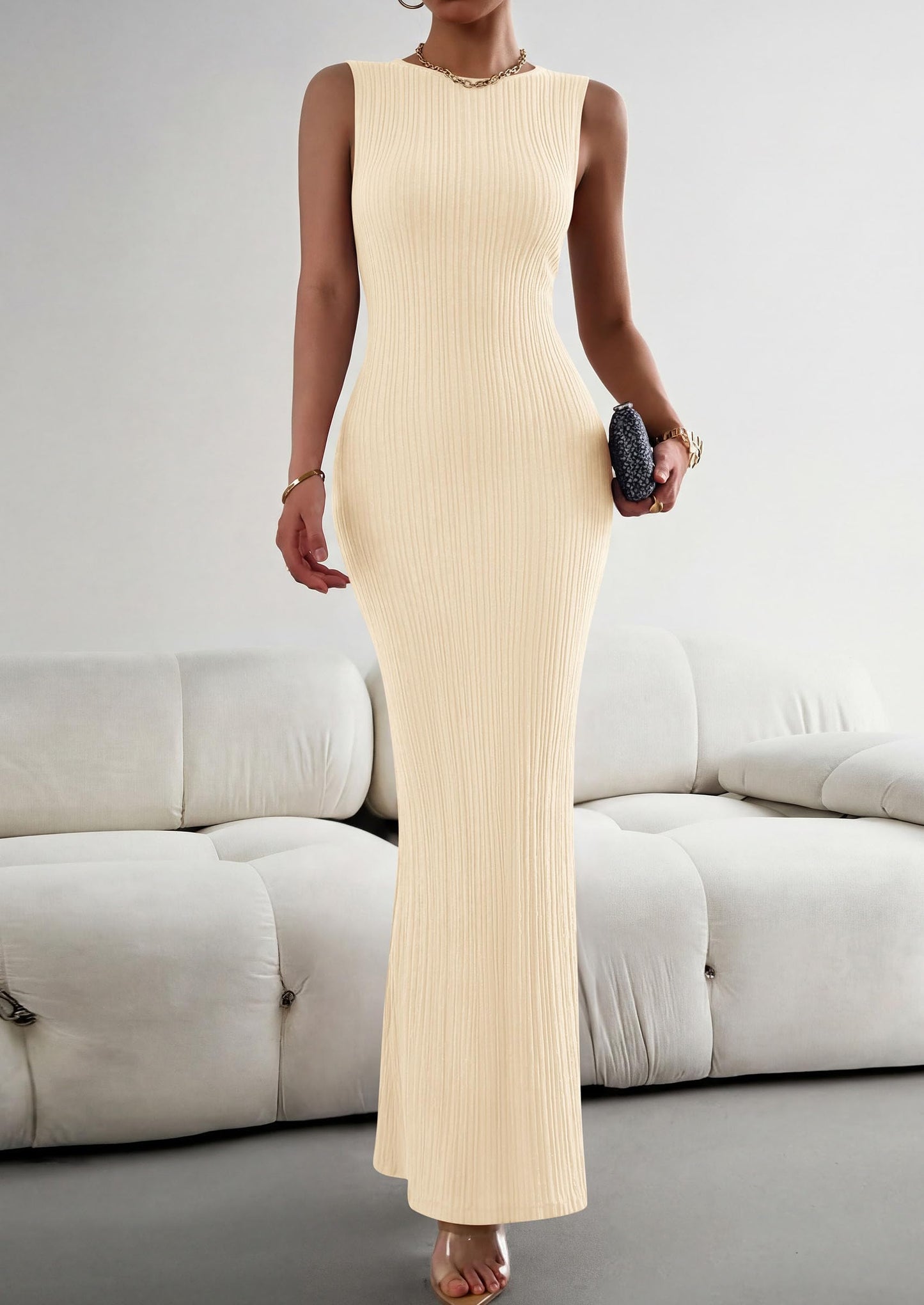 PRETTYGARDEN Women's 2026 Summer Casual Maxi Dresses Ribbed Knit Sleeveless Bodycon Elegant Going Out Beach Vacation Clothes
