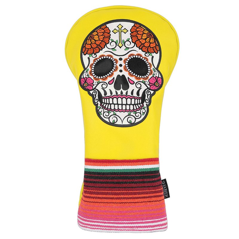SHABIER Yellow Golf Driver Headcover with Organ Flowers Embroidery Sugar Skull Design for Golf Driver Club