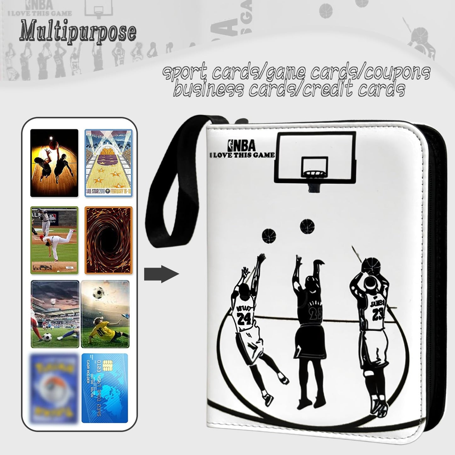Basketball Card Binder - 400 Capacity 4-Pocket Trading Card Album, 3 Ring Card Holder Binder, Waterproof PU Leather, Zip Closure, Perfect Christmas Birthday Gift for Collectors