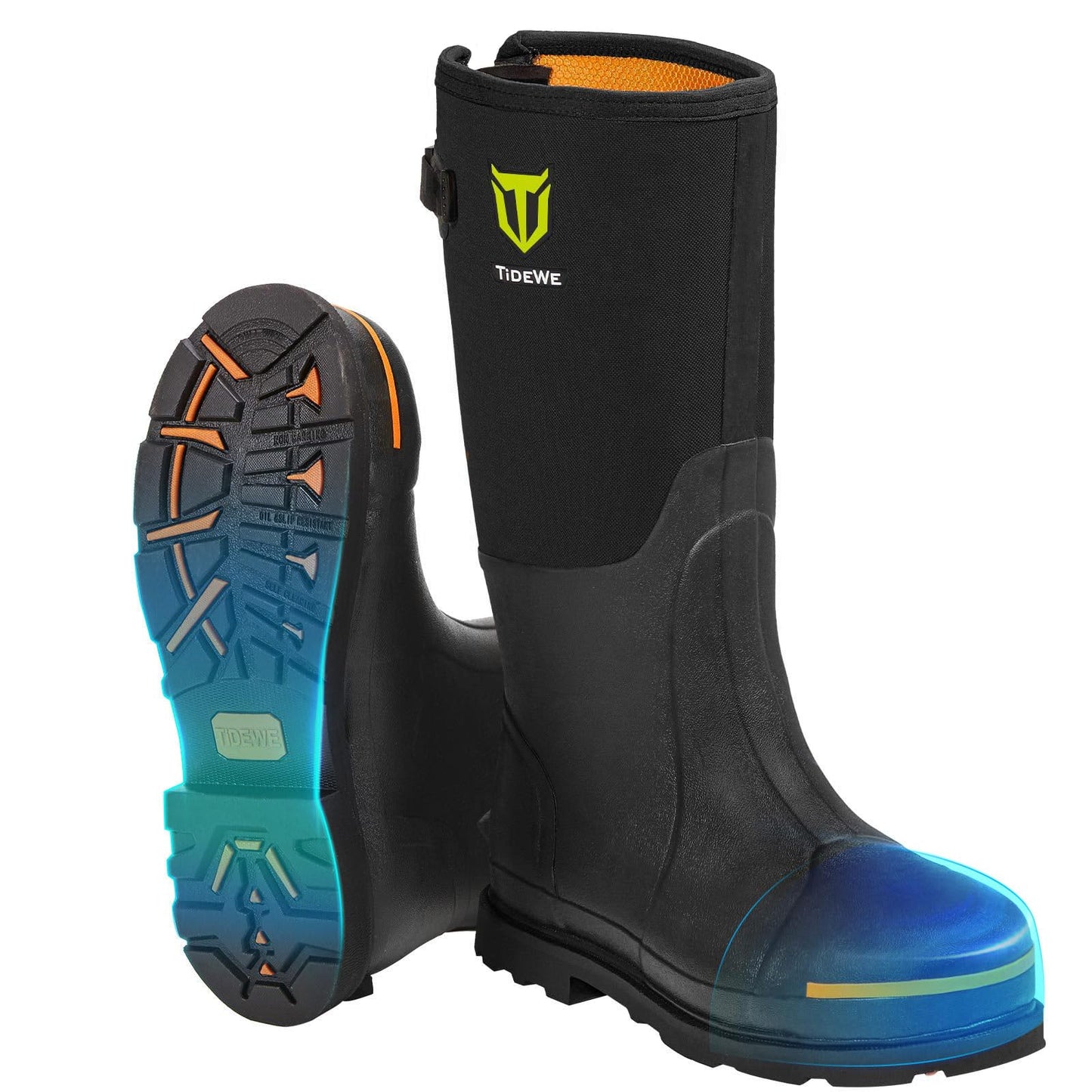 TIDEWE Rubber Work Boot for Men with Steel Toe & Shank, Waterproof Anti Slip Hunting Boot, 6mm Neoprene Hunting Boot for Manufacturing, Construction, Farming, Black, Size 8