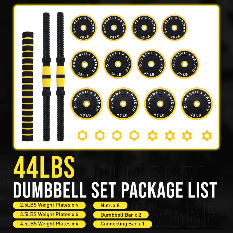 GarveeLife Adjustable Dumbbell Weight Set, Dumbbell Weights with Pe Coating and Comfortable Handle for Home Gym, 44 Lbs, Yellow