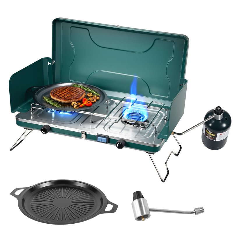 GOSPOWOR 2-Burner Propane Stove, Portable Camping Cooktop with 2 Adjustable Burner and Wind Guards, 20000BTU Camping Stove with Ignition & Griddle for Camping,Tailgating, BBQ, Grilling,Outdoor Gear