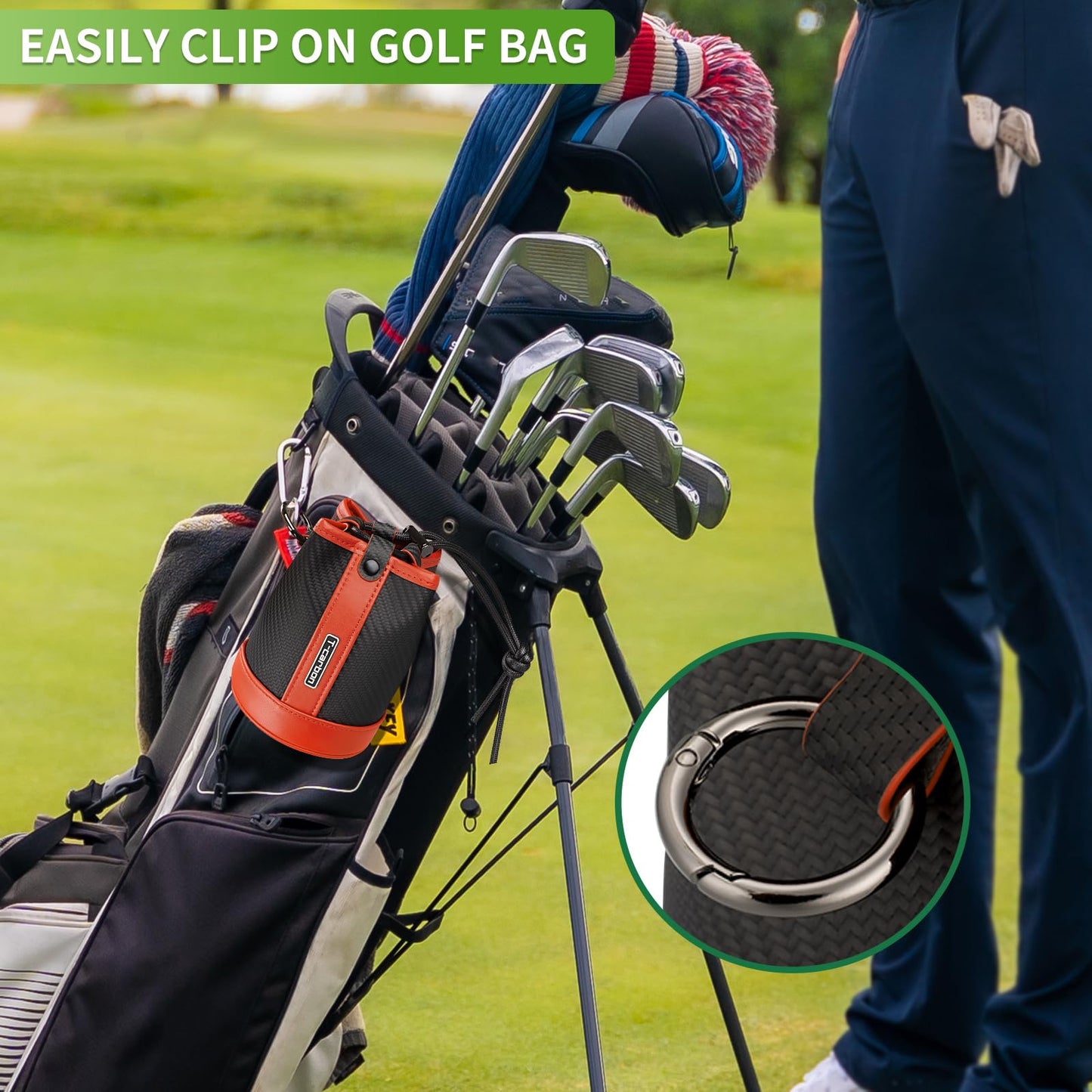 T-carbon Travel Gear Professional Valuables Golf Pouch;Bucket Waist Design Bag with Drawstrings;Carbon Fiber and Leather Golf Tee Bag for Glofers Men Women Very Practical Orange