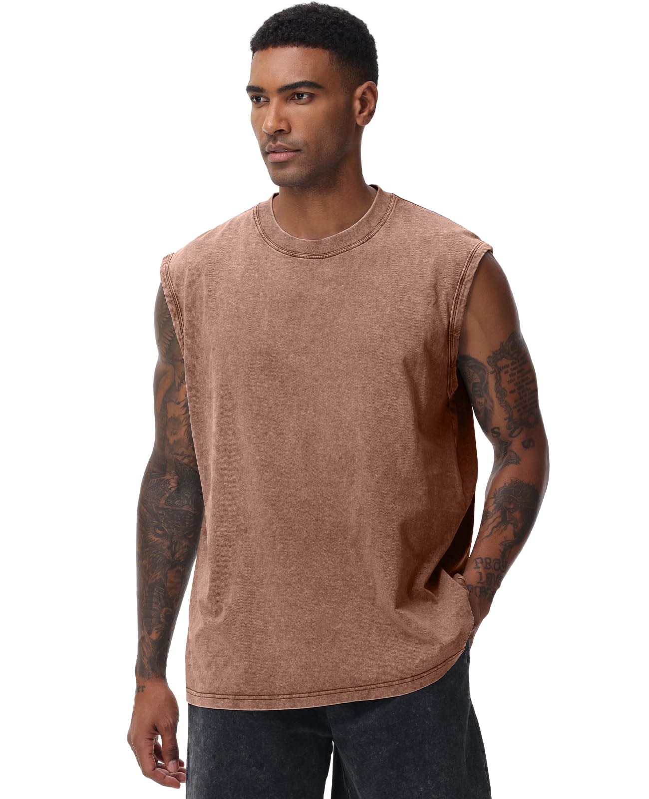 Mens Workout Tank Tops Sleeveless Tee Shirts Men Muscle Shirt Gym Acid Wash T Shirts Running Beach Loose Fit Tee(CF,M) Coffee