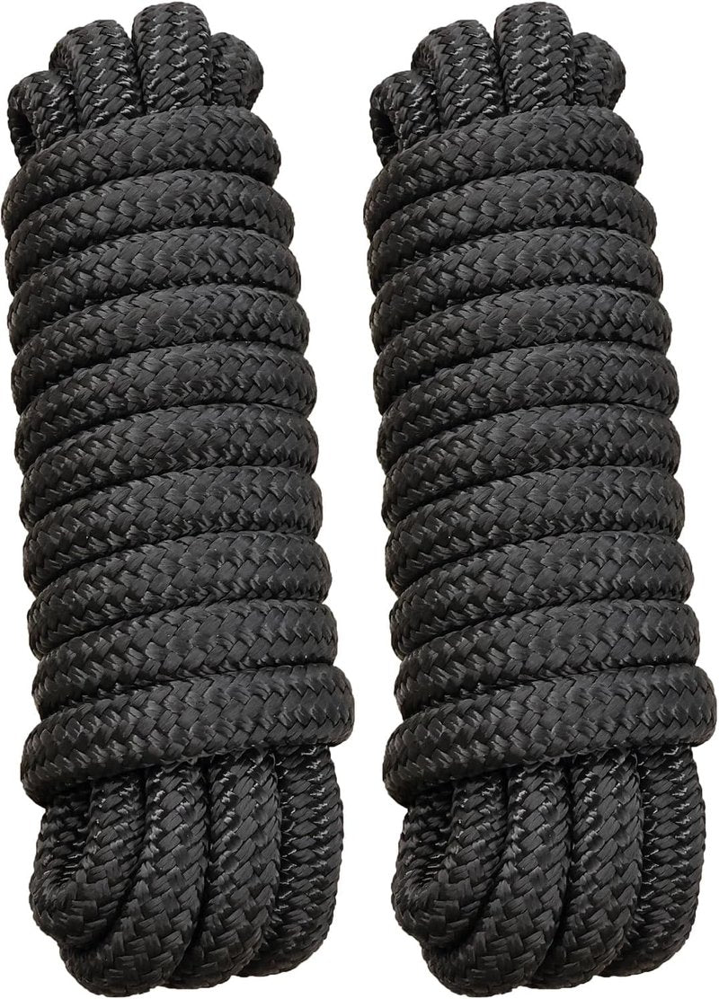 Boat Dock Lines - 5/8" x 15' Marine-Grade Double Braided Nylon Dock Rope | Fray Resistant, Easy Handling - 2 Pack, Black