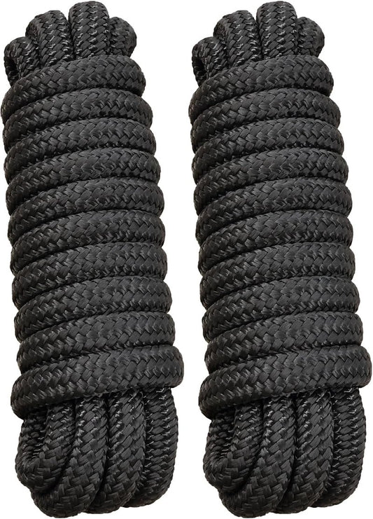 Boat Dock Lines - 5/8" x 15' Marine-Grade Double Braided Nylon Dock Rope | Fray Resistant, Easy Handling - 2 Pack, Black