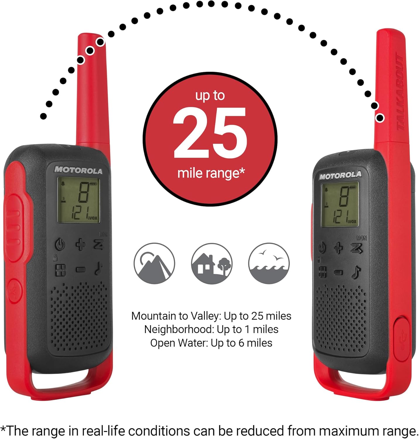 Motorola T210 Two-Way Radio - Black & Red | Durable Communication Device, 2-Pack