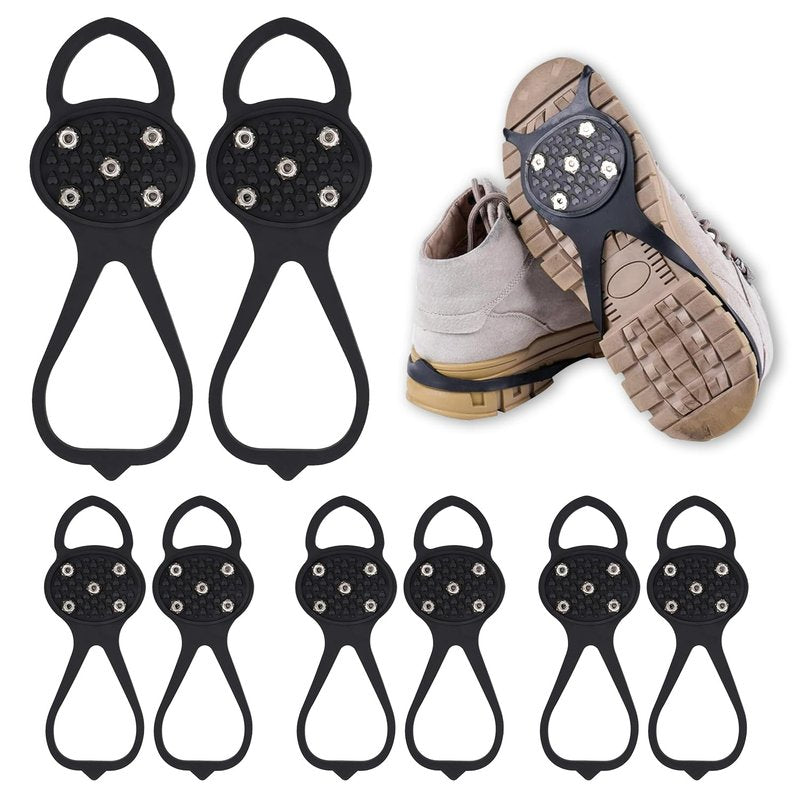 LipLopBest 4 Pairs Non Slip Gripper Spikes for Shoes, Ice Snow Grips Traction Cleats with 5 Steel Studs Crampons - Universal Snow Spikes Microspikes for Hiking Walking Climbing