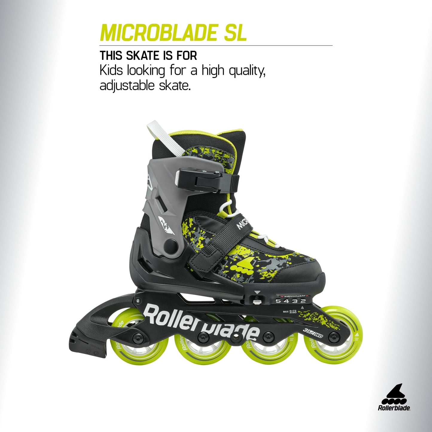 Rollerblade Microblade SL Kids Adjustable Fitness Inline Skate, Black/Lime,Junior, Youth Performance Inline Skates