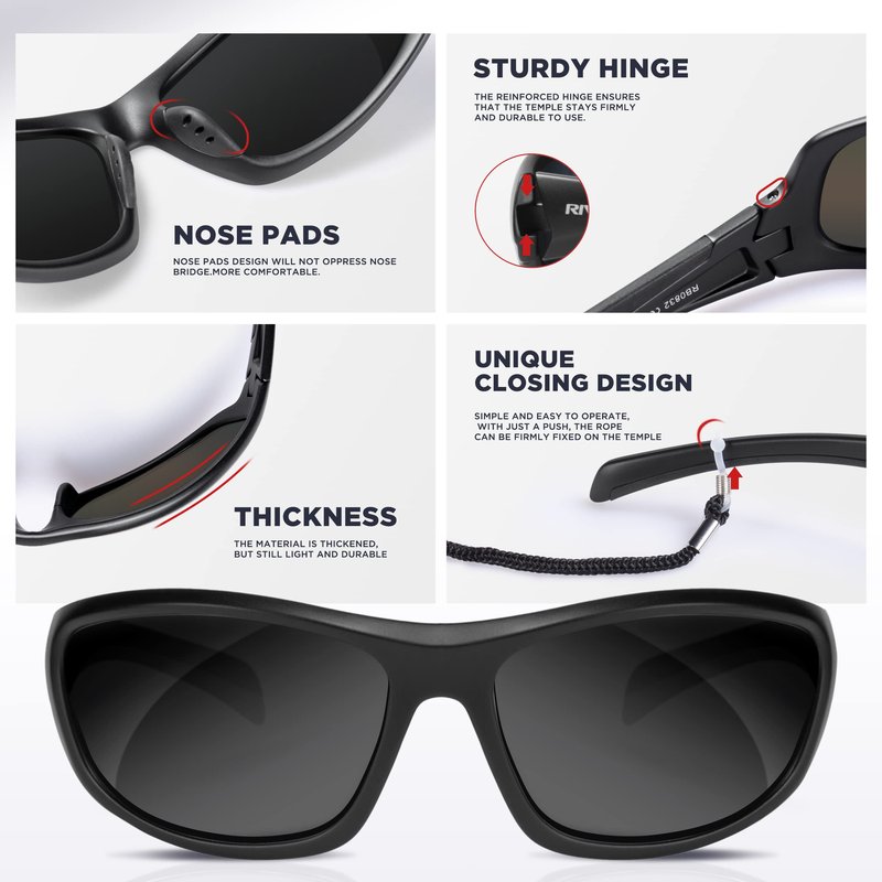 RIVBOS Polarized Sunglasses UV400 Protection for Men's and Women's Fishing, Cycling, and Outdoor Activities RB832-1 BlackGrey