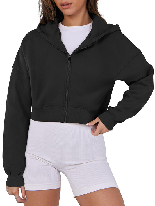 ANRABESS Womens Zip Up Crop Hoodie Sweatshirts 2024 Fall Trendy Long Sleeve Cropped Jacket Top Winter Teen Girls Clothes Black Medium