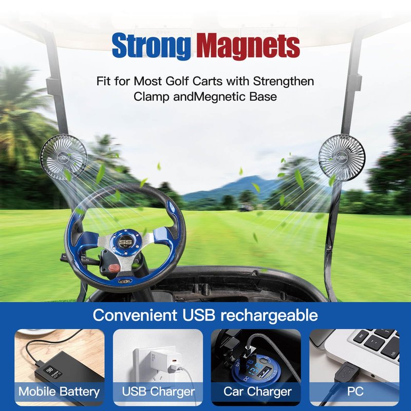 NOKINS Golf Cart Fan, Portable Magnetic Fans for Golf Cart EZGO Club Car Yamaha, Low Noise Designed and 3-Speed Settings 360° Rotatable with Magnetic Mount Base&USB Input (Set of 2)
